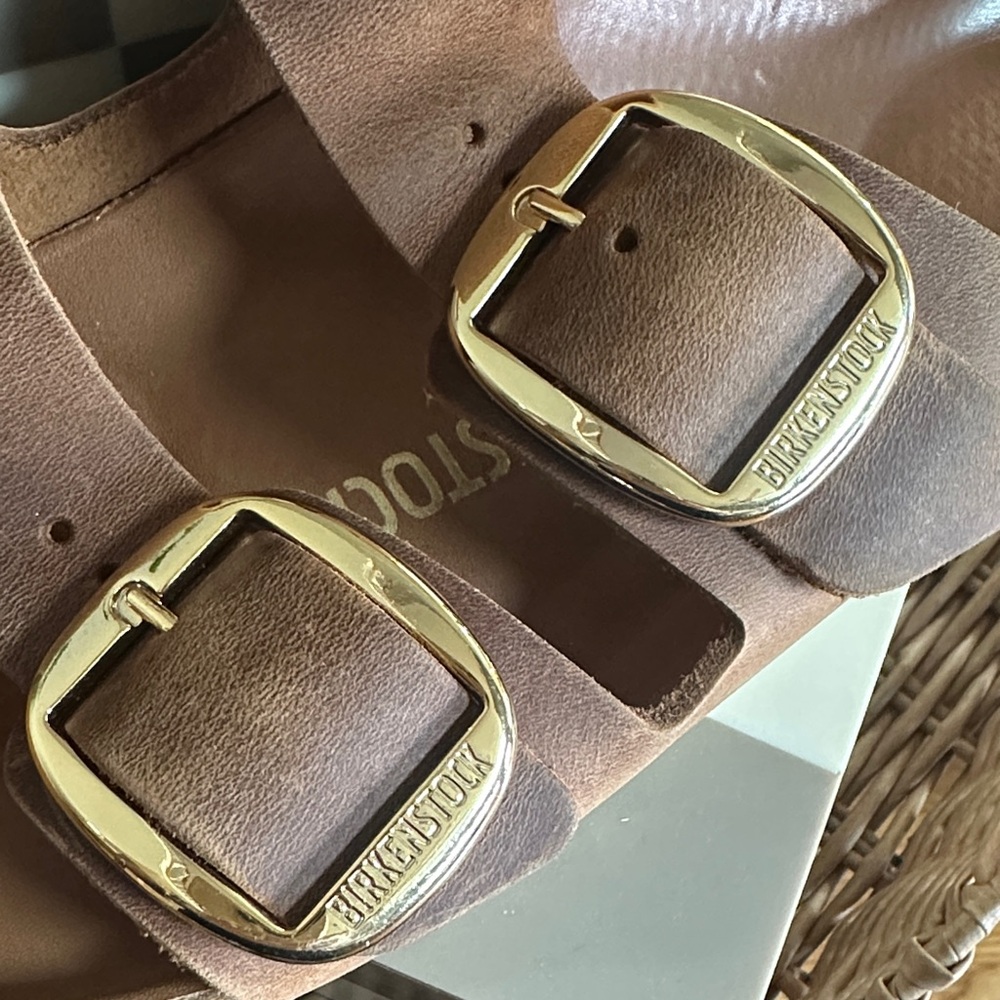 Birkenstock Brown Leather Arizona Sandals with Gold Buckles - Picture 2 of 11